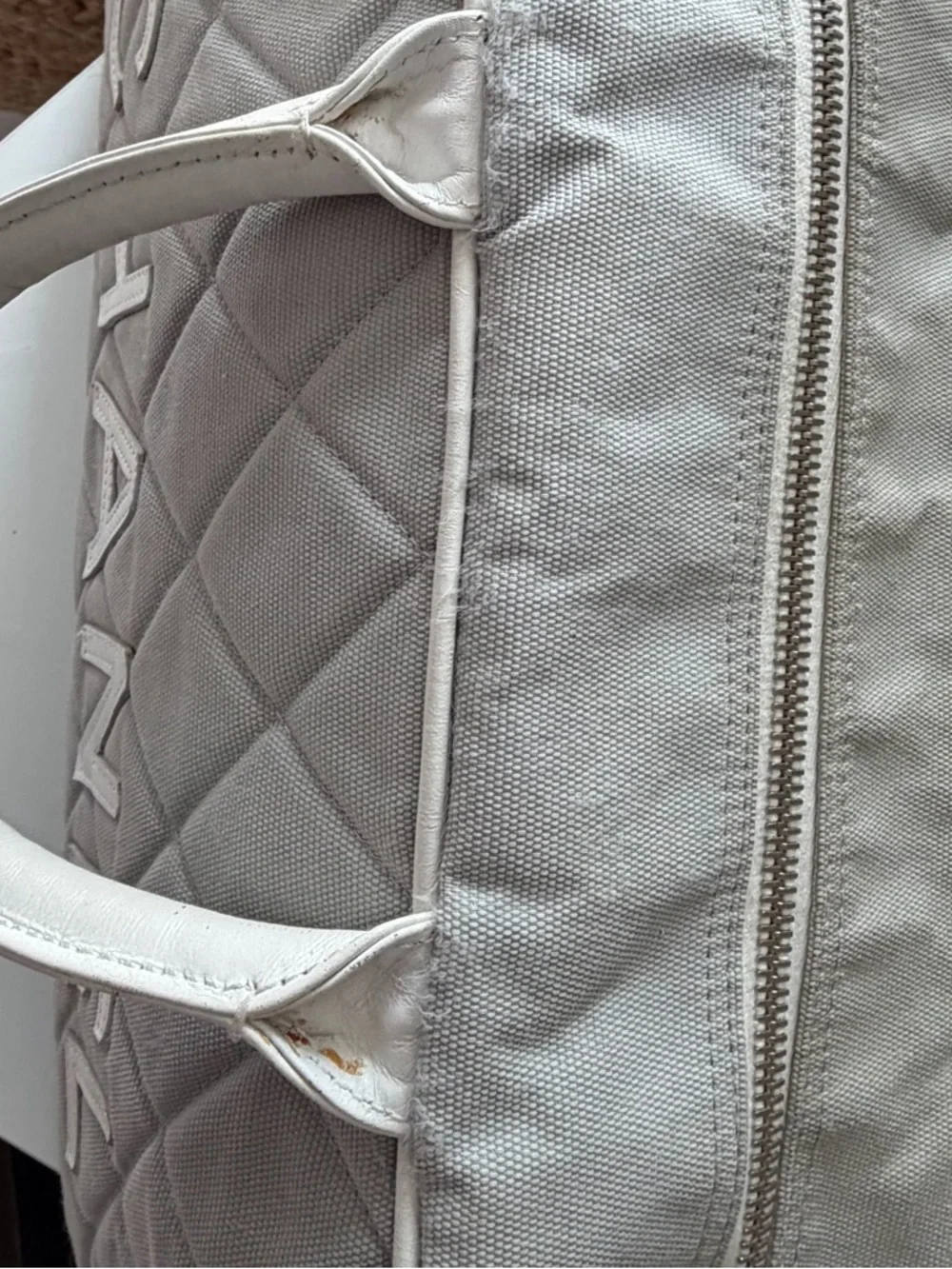 Chanel Sports Line Quilted Logo Bowler Bag Grey Canvas White Leather Trim